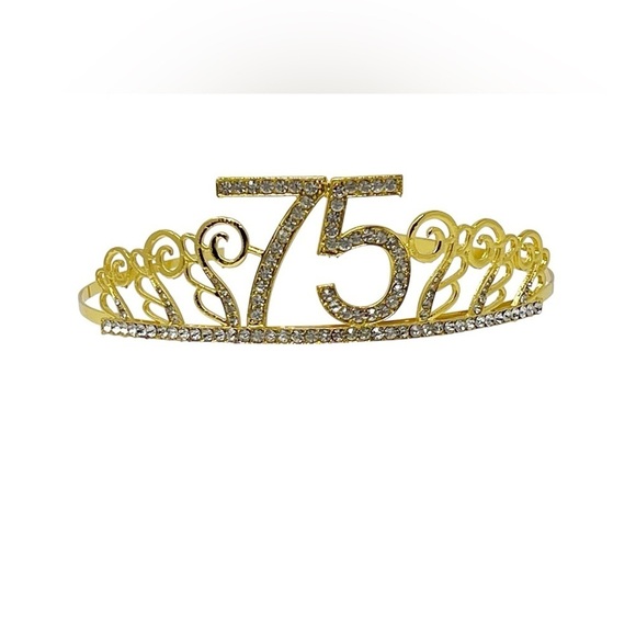 75th Birthday Gold Tone With Rhinestones Tiara - Picture 3 of 6